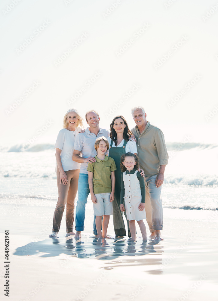 Happy, beach and portrait of family generations together on vacation, holiday or tropical weekend trip. Smile, travel and children with parents and grandparents bonding by the ocean in Australia.