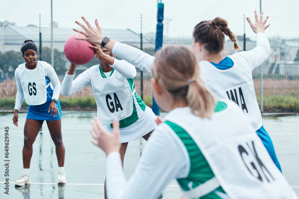 Netball sports team, game ball and women defend, attack and pass in community competition, practice and game. Exercise, group action and player workout, tournament match or athlete training on court