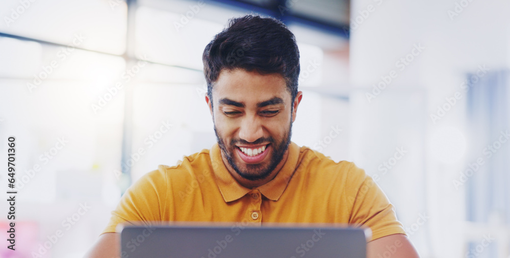 Business man, computer and thinking of idea in office or reading email, internet or notification. Face of happy indian entrepreneur person with technology for communication, good feedback or website