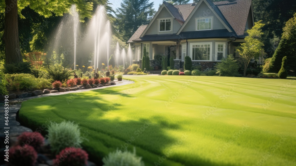 Beautiful house with a nice front yard and a fountain sprinkler system, Mansion Exterior.