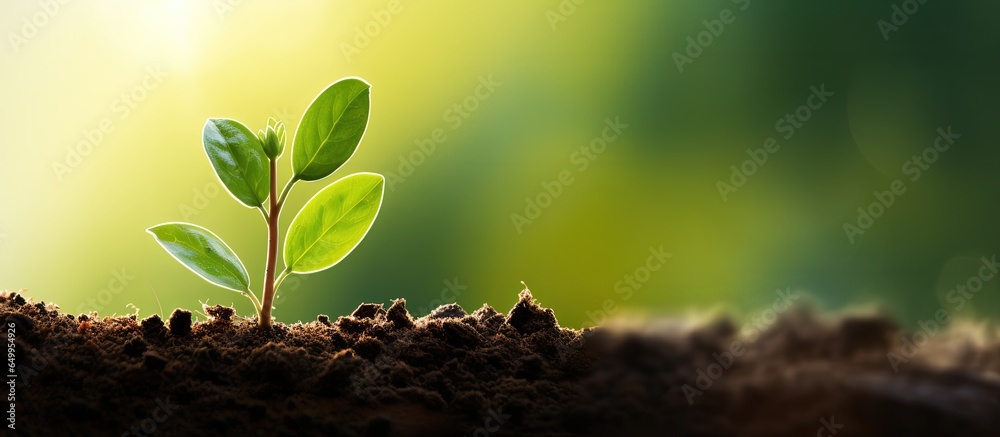 Morning light illuminates a young plant against a green bokeh background symbolizing new life and Earth Day