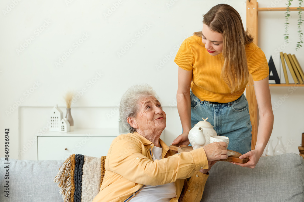 Young woman with her grandmother and tea at home
