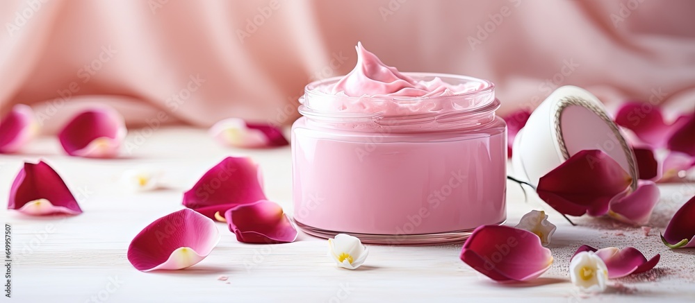 Pink jar with velvety white handmade body butter cream dried rose petals and puds backdrop with space for copying