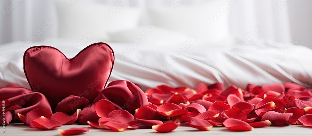 Valentine s Day bed adorned with red rose petals