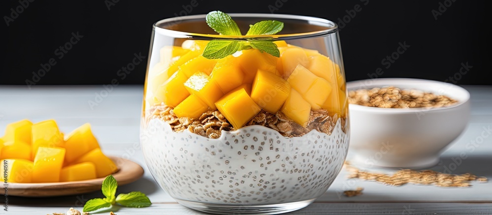 Healthy vegan breakfast with chia seed pudding fresh mango granola on light wooden table Clean eating and superfoods concept
