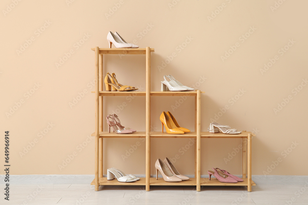 Shelving unit with stylish female shoes in boutique