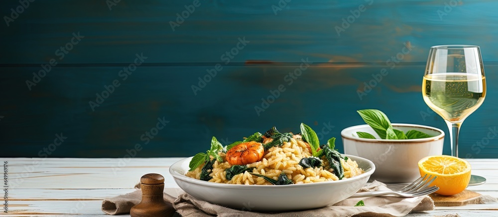 A photo of seafood risotto on teal textures with utensils wine and a space for text