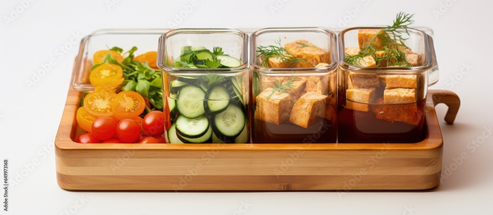 Meal prep using lunch boxes with glass containers and bamboo lids Weekly menu appetizer main dish and dessert