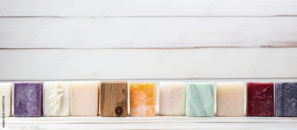 white wooden background with space handcrafted soaps