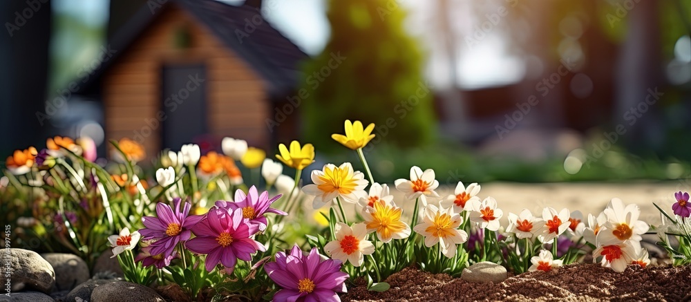 Decorating the spring garden with flowers planting daisies near the house and pursuing home gardening as a hobby