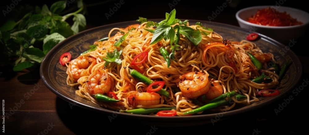 Fried spaghetti and vegetables with shrimp on a plate top view on a dark black background