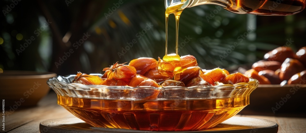 Adding palm oil to a glass bowl with palm nuts on a wooden table