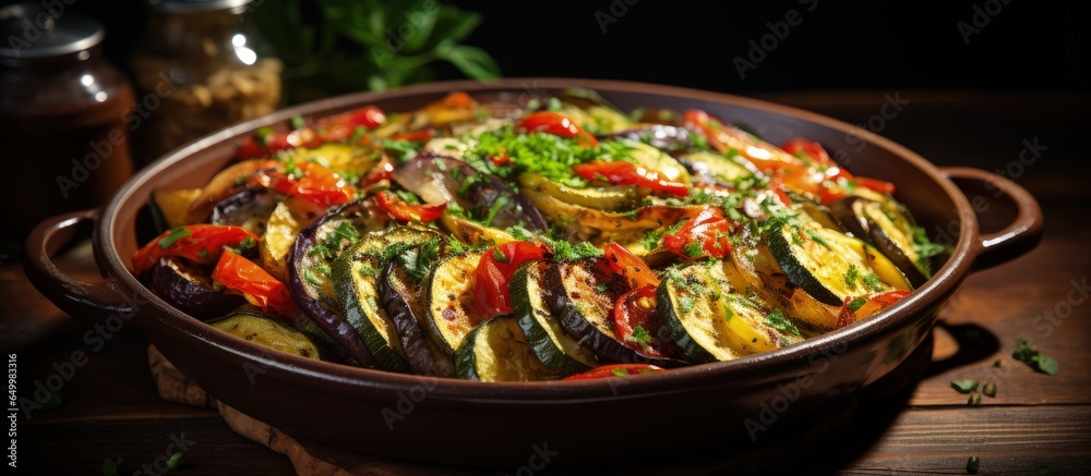 Traditional French vegan dish made of zucchini eggplants peppers onions garlic and tomatoes served on a rustic wooden table with aromatic herbs Ample room for text or images