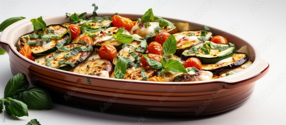Grilled eggplants with mozzarella cherry tomatoes basil and olives on a white background A healthy vegan recipe with a restaurant menu presentation