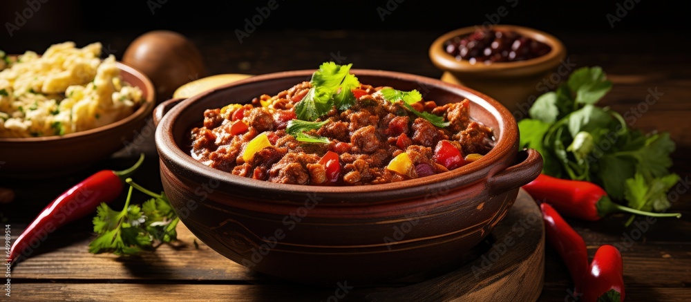 Mexican cuisine on a rustic background Bean and corn soup red bean stew
