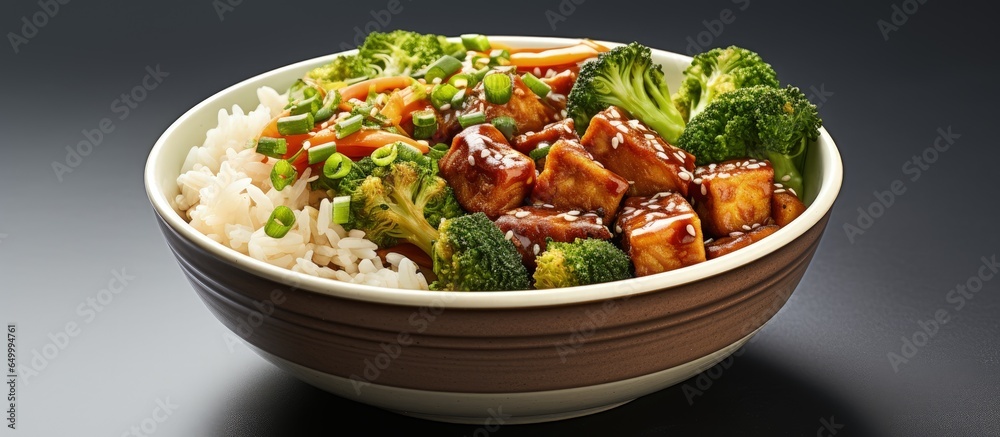 Rice broccoli and tofu in an Asian vegan bowl