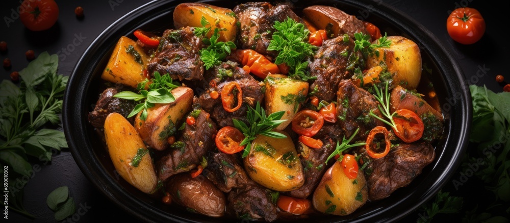 Stewed beef and vegetables with roasted baby potatoes in black bowl Dark background Copy space Top view