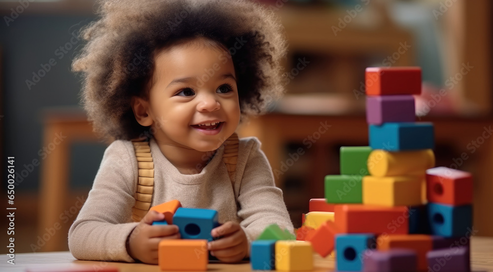 African American child playing with colorful block toys at living room.