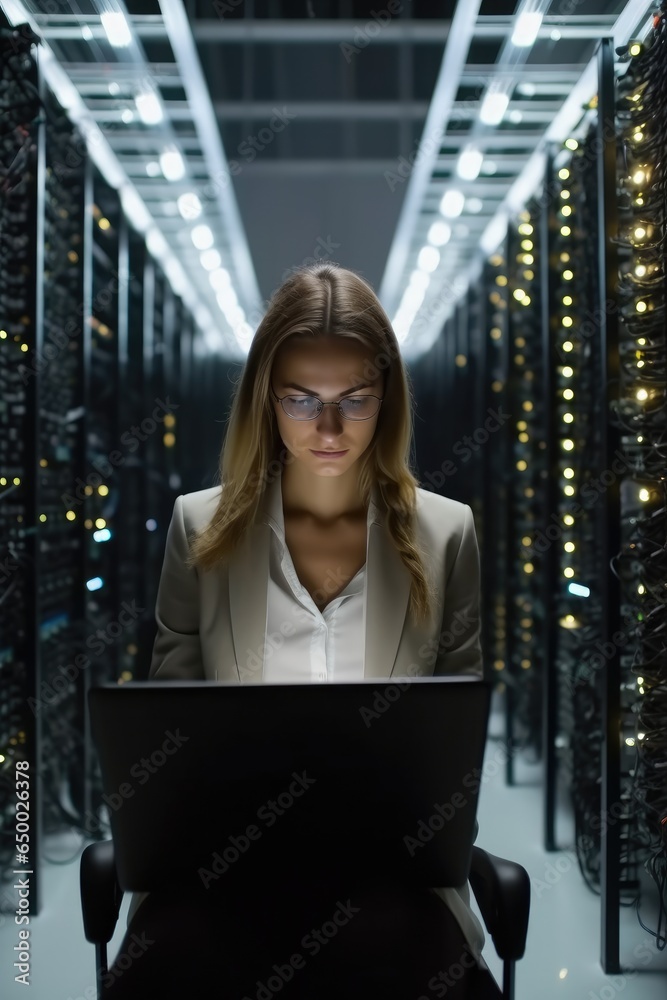 Business woman using a laptop working in Supercomputer Electricity Backup Room.