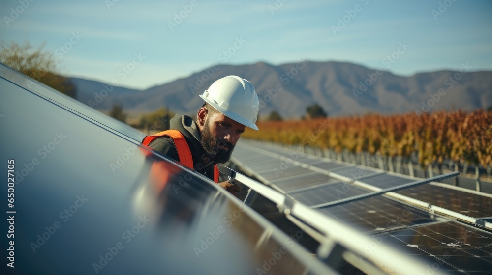 Technician on renewable energy farm, Solar energy management in electricity sustainability, Solar panels or sun grid plant.