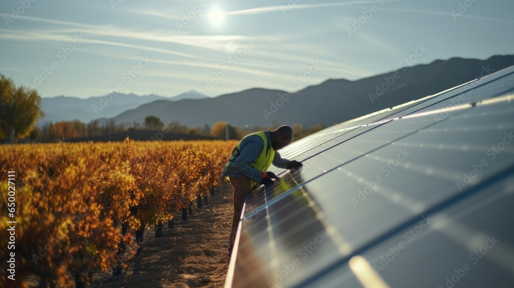 Technician on renewable energy farm, Solar energy management in electricity sustainability, Solar panels or sun grid plant.