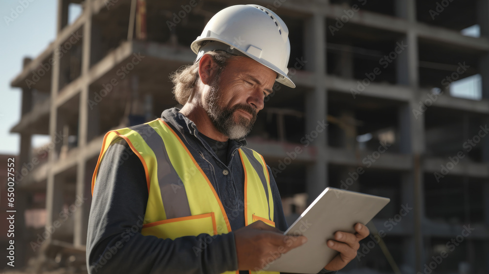 Engineer using a tablet to record progress data of a project in at construction site.