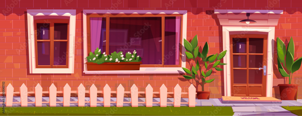 House facade and front door with window cartoon vector background. Country home building with brick wall and wood entrance. Summer outside village apartment exterior with lawn and fence illustration
