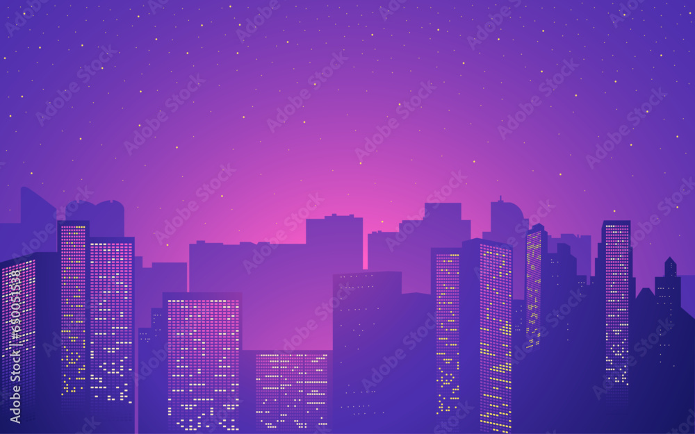 Cityscape and urban landscape vector illustration awash in soothing shades of purple and pink, contemporary take on city living, perfect for a wide range of design applications