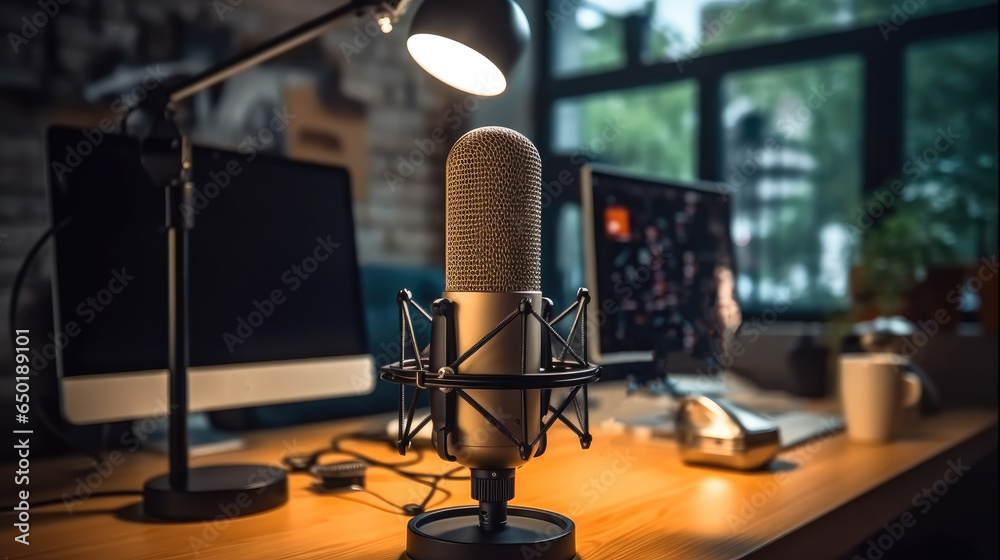Modern podcast studio room with microphone and laptop pc, Other devices and gadgets.