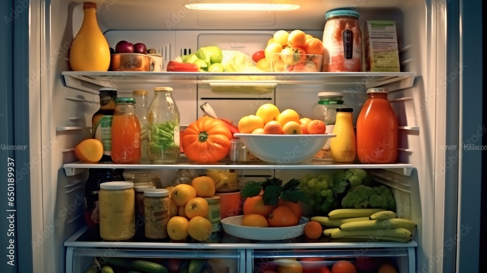 Fridge filled with food, Drinks, Vegetables and fruit.