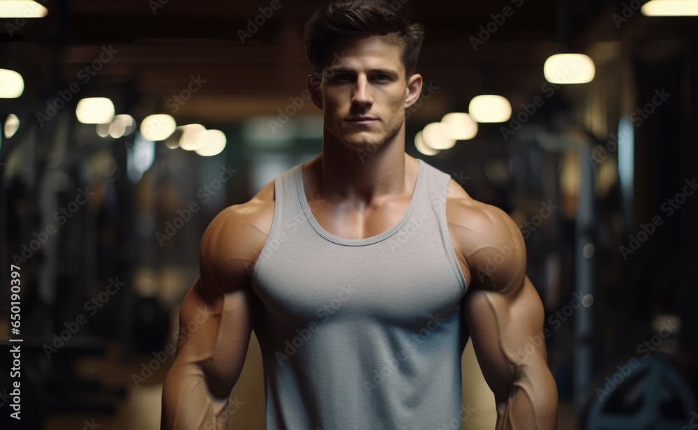 Athlete bodybuilder with healthy muscular body standing in a gym.