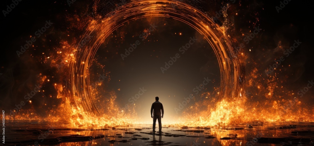 Two men walking in a circle with flame on black background