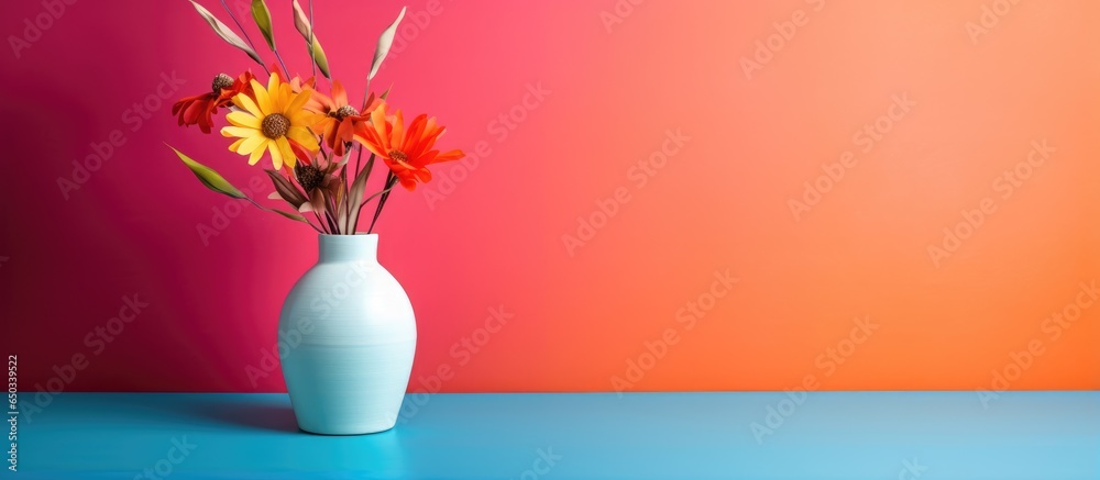 Modern interior design with vibrant flower vase depicted in a still life composition