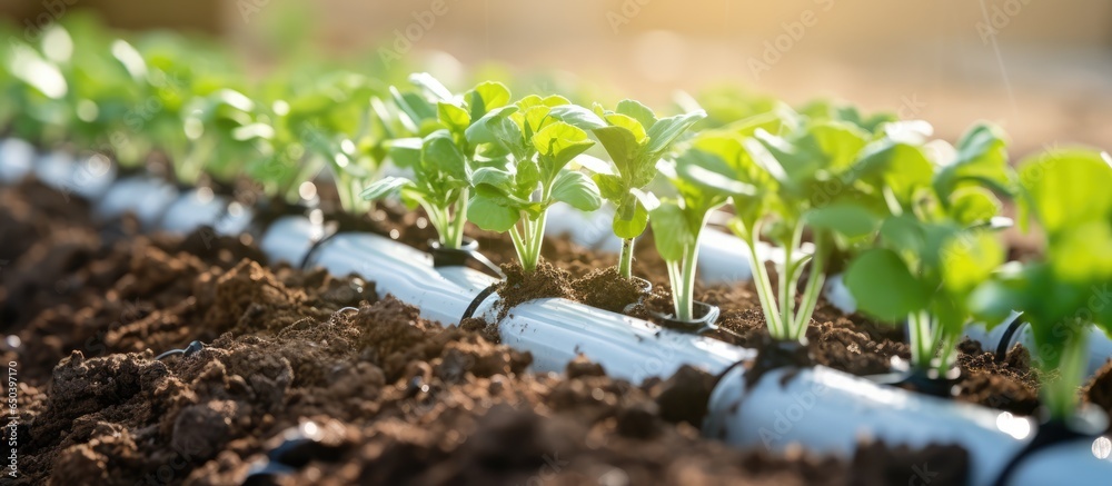 Close up of a water efficient drip irrigation system in an organic salad garden