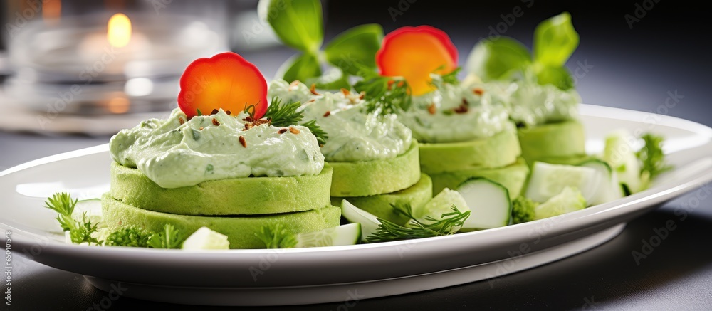 Raw vegetable and green pea hummus starter for spring