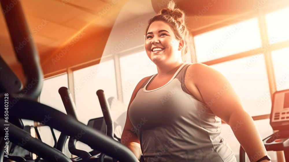 Female happy overweight woman wearing sportswear works out on the treadmill. Smiling girl training in the gym. Sport, training, healthy life, calories, health care, diet and weight loss concept.