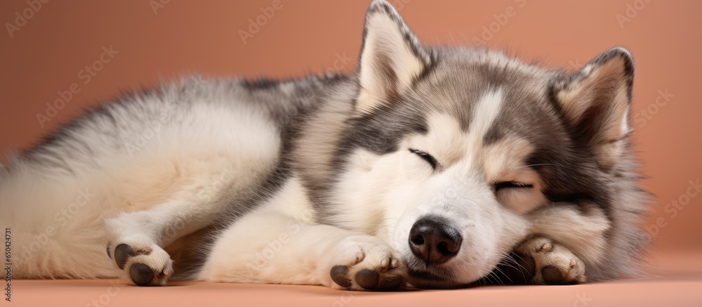 Alaskan malamut dog sleeping after long walk with owner on pastel background