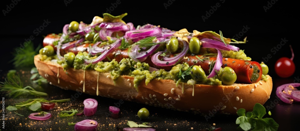 Vegetarian hot dog with veggie flatbread red onions pickles and pea puree