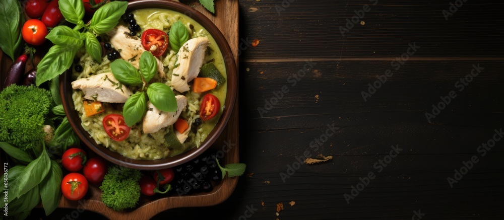 Top view of green curry with chicken on a dark wooden background Thai style