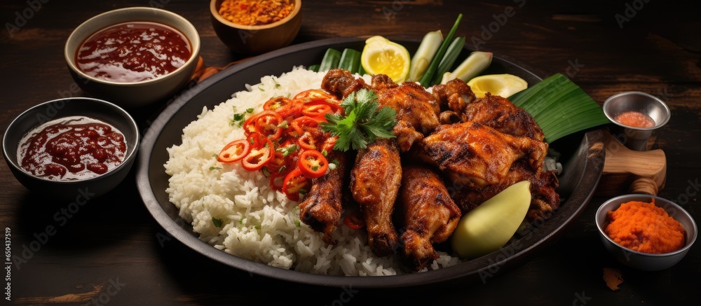 Traditional Indonesian dish Tasty nasi ayam penyet with sambal belacan served with a bird s eye view