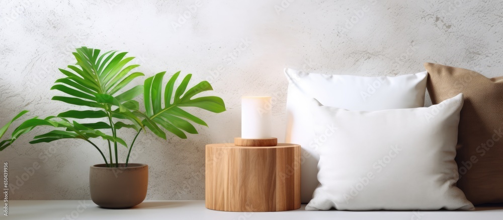 Decorate living room with trendy accessories Nordic lamp tropical leaf plant and chic pillows Hygge simplicity Eco friendly loft furniture Scandinavian minimalist living