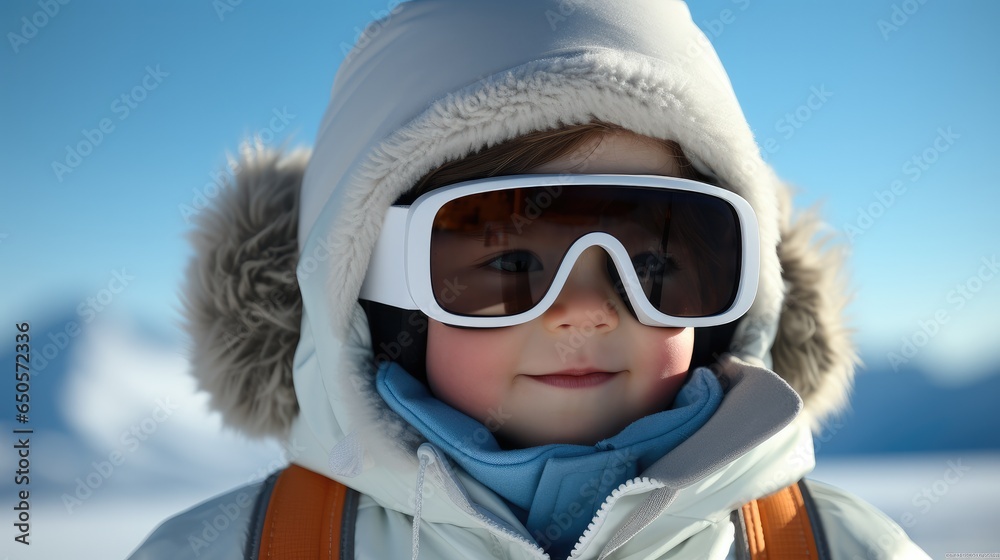 Cute baby wearing big ski glasses on mountain covered with snow.