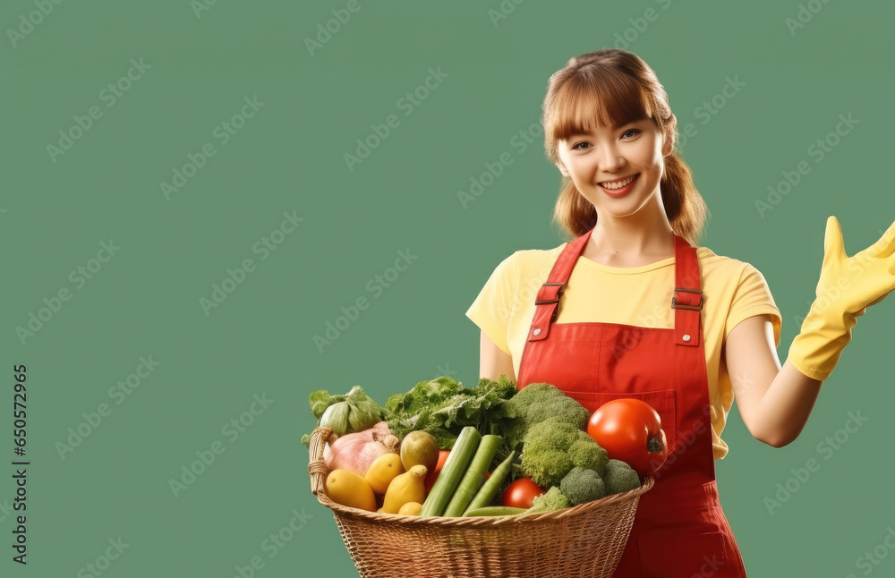 Happy woman farmer with basket full of different vegetables on green background.