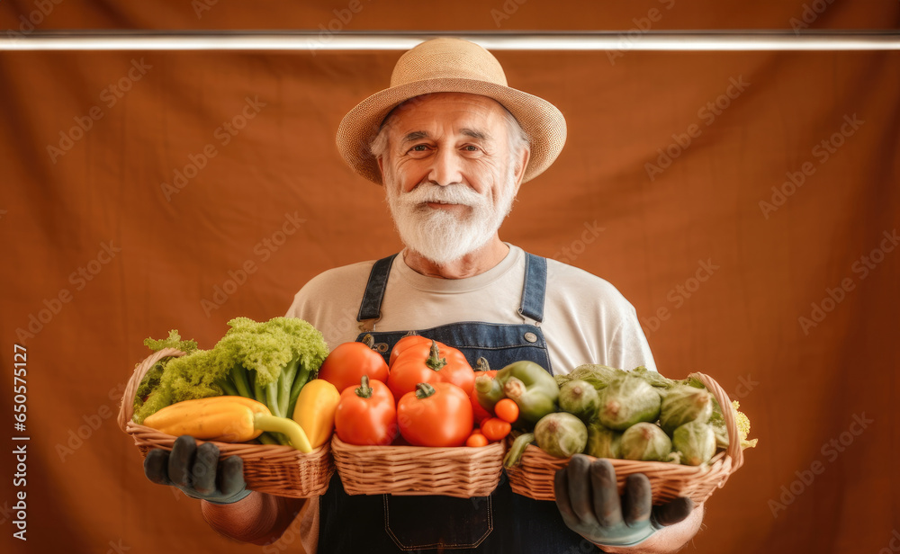 Mature male farmer with wooden box full vegetables on orange background.