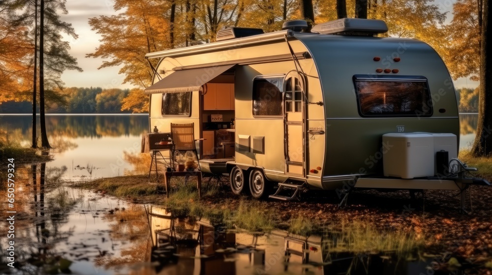 Trailer of mobile home is on the river bank, Camping in the nature, Family travel concept.