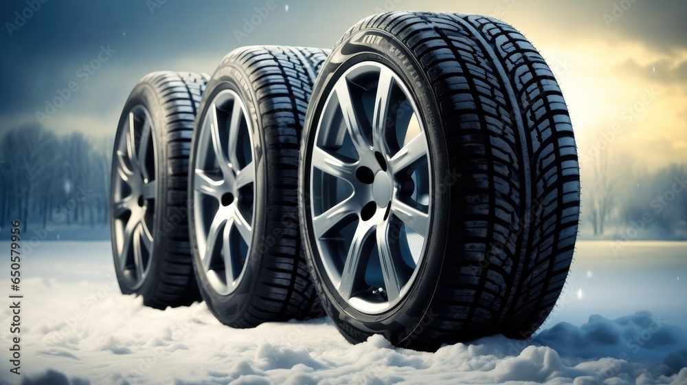 Wheels with winter tires on snow ready all difficult weather conditions.