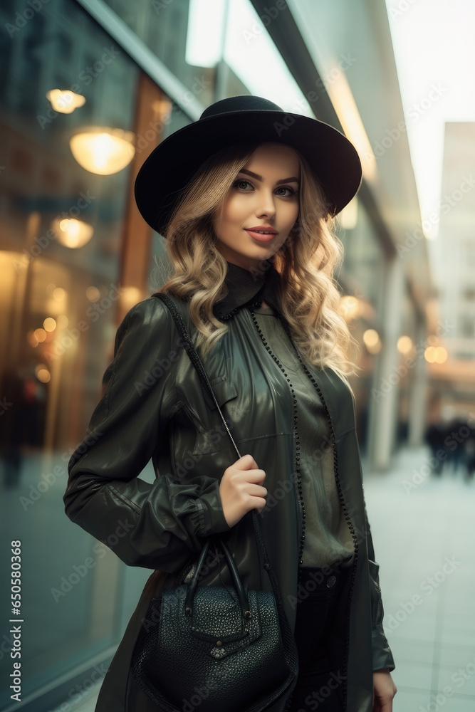 Beautiful young woman with perfect make-up wearing a black hat and leather coat, Posing near glass wall of the shopping center.