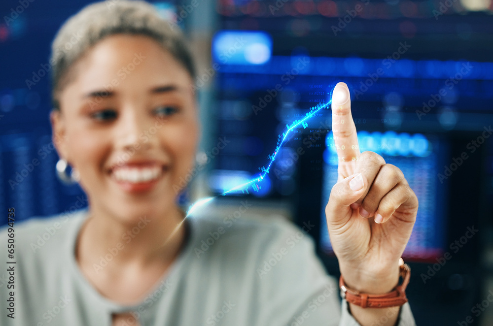 Woman, finger and network hologram of data analytics, software development or information technology at night. African person in IT or tech business and hand on digital, 3d screen for blue connection