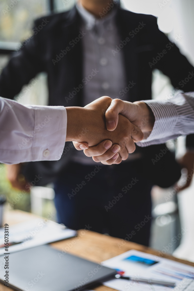 Businesswoman shaking hands with financial advisor at meeting in office.