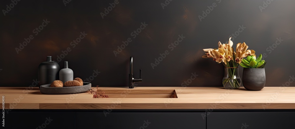 Stylish kitchen countertop with wooden furniture black sink and decorations in close up